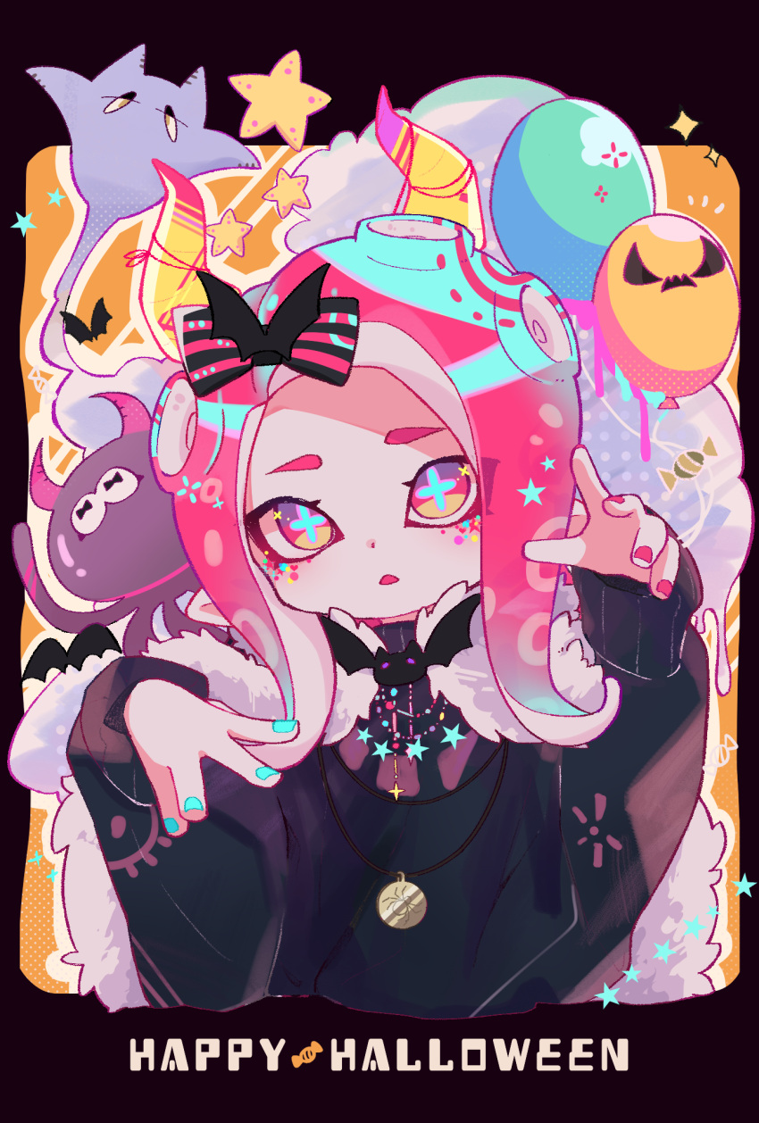 +_+, 1girl, balloon, bat_brooch, bat_hair_ornament, black_bow, black_sweater, blue_hair