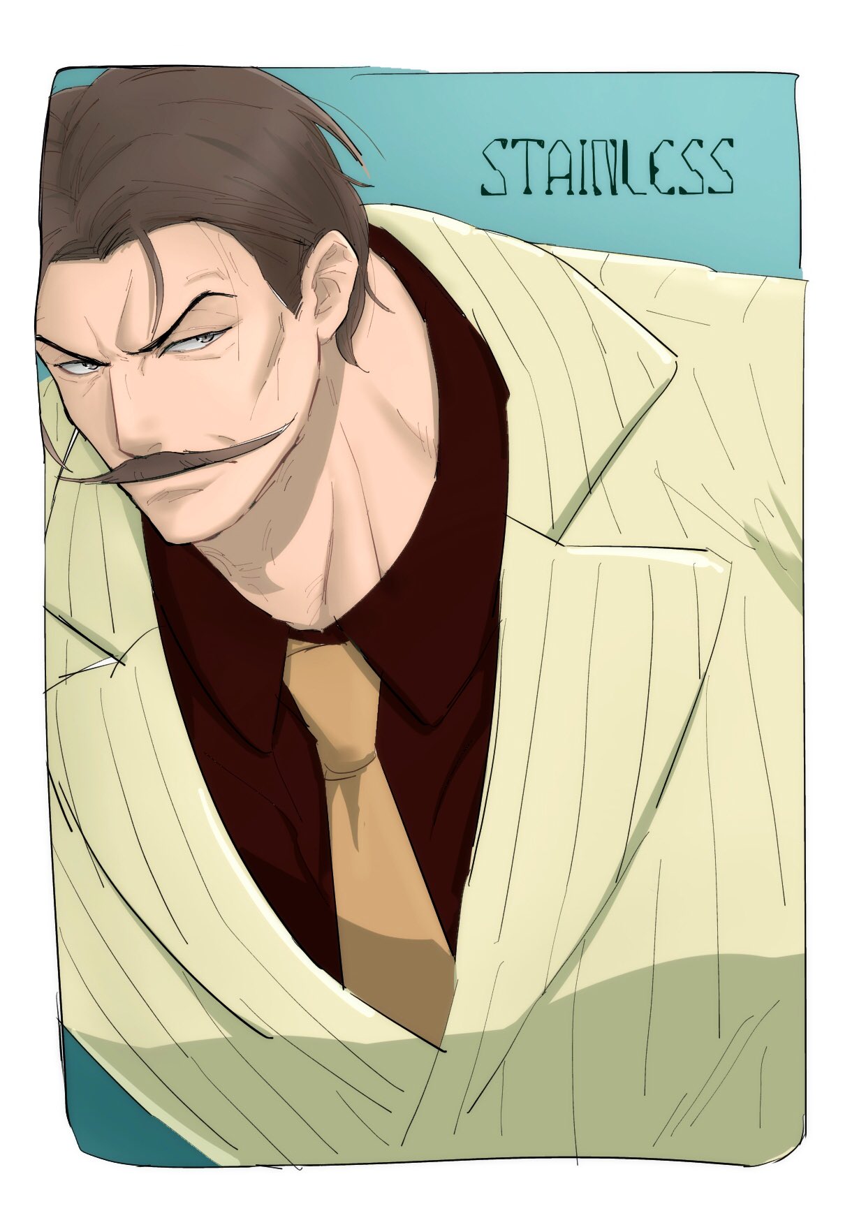 1boy, blue_background, border, brown_hair, character_name, facial_hair, highres, jacket, male_focus, mifunenco, mustache, necktie, one_piece, orange_necktie, red_shirt, shirt, short_hair, simple_background, solo, stainless_(one_piece), striped_clothes, striped_jacket, upper_body, vertical-striped_clothes, vertical-striped_jacket, white_border