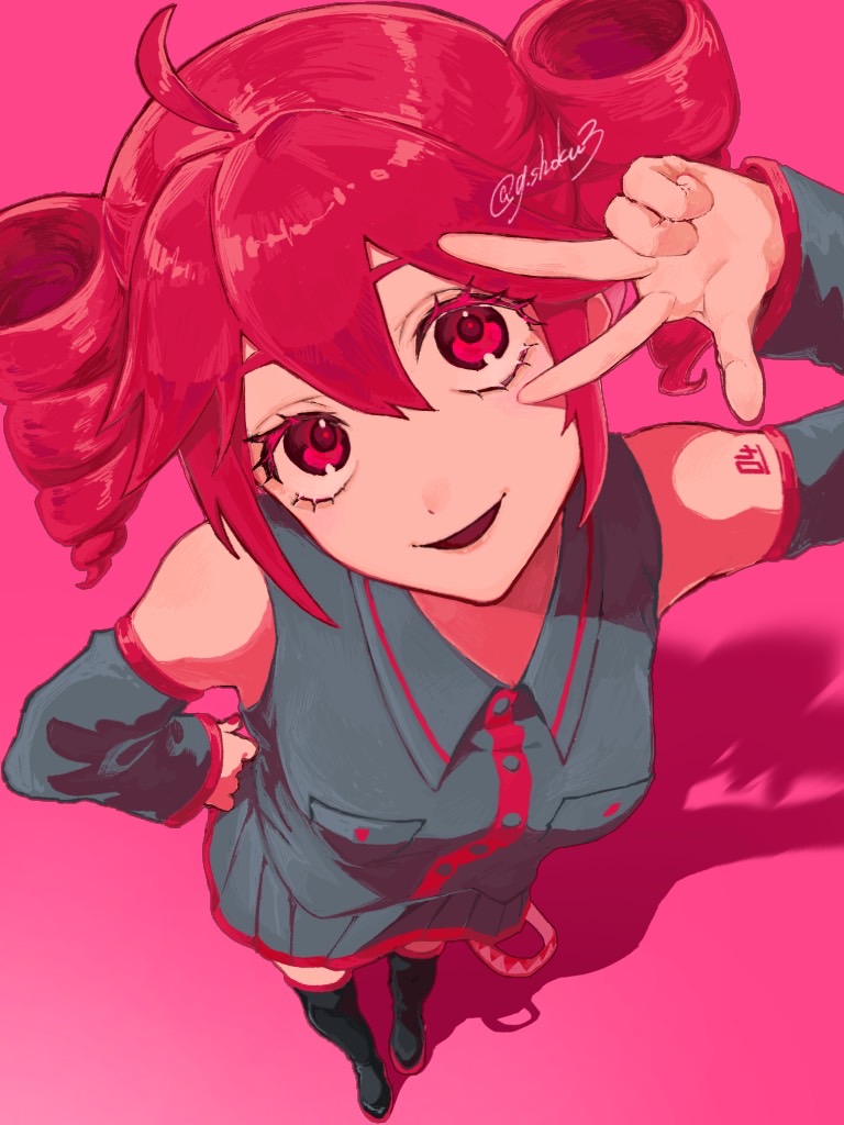 1girl, ahoge, arm_tattoo, bare_shoulders, belt, black_footwear, black_shirt, black_skirt