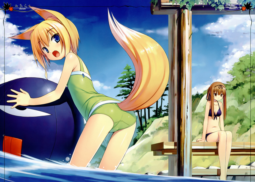 absurdres, animal_ears, ass, ball, bare_legs, beachball, bikini, blonde_hair