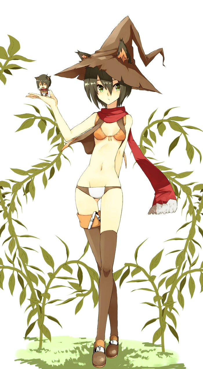 bikini_top, brown_hair, cat_ears, chibi, green_eyes, hat, highres, kiki_(koba)