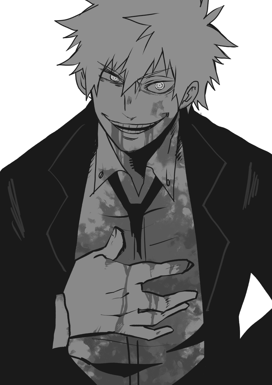 1boy, black_jacket, black_suit, blood, blood_on_clothes, blood_on_face, blood_on_hands, blood_on_neck