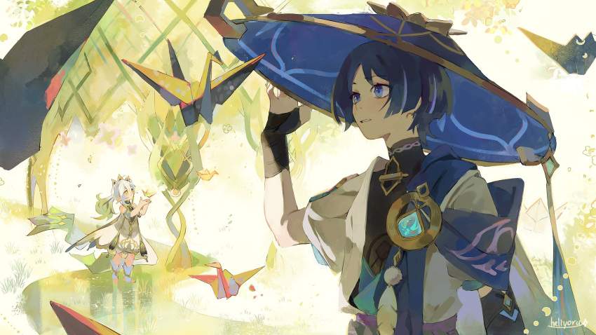 1boy, 1girl, anemo_symbol_(genshin_impact), anklet, aqua_gemstone, arm_at_side, armor, black_bodysuit, black_hair, bloomers, blue_cape, blue_eyes, blue_hat, blue_kimono, blue_sleeves, blunt_ends, blush, bodysuit, cape, closed_mouth, detached_sleeves, dress, empty_eyes, feathers, fringe_trim, genshin_impact, gold, gold_trim, green_cape, green_eyes, green_hair, green_sleeves, hair_between_eyes, han'eri, hand_up, hat, heliyoru, helliostarr, highres, japanese_armor, japanese_clothes, jewelry, jingasa, kimono, kote, kurokote, layered_kimono, layered_sleeves, long_hair, looking_at_object, mandarin_collar, multicolored_hair, nahida_(genshin_impact), open_clothes, open_hand, open_hands, open_kimono, origami, paper_crane, parted_lips, pointy_ears, pom_pom_(clothes), purple_hair, scaramouche_(genshin_impact), short_sleeves, side_ponytail, sidelocks, signature, smile, streaked_hair, tilted_headwear, toeless_footwear, turtleneck, turtleneck_bodysuit, wanderer_(genshin_impact), white_bloomers, white_dress, white_footwear, white_hair, white_kimono, white_mouth, white_sleeves, white_trim, yellow_feathers