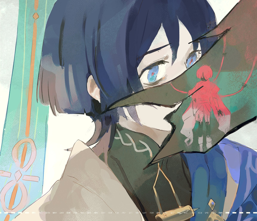 1boy, black_bodysuit, black_hair, blue_cape, blue_eyes, blunt_ends, bodysuit, cable, cape, covered_face, furisode, genshin_impact, gold, heliyoru, helliostarr, highres, japanese_clothes, kimono, male_focus, mandarin_collar, portrait, red_pupils, scaramouche_(genshin_impact), three_quarter_view, turtleneck, turtleneck_bodysuit, wanderer_(genshin_impact), white_background, white_kimono, white_sleeves