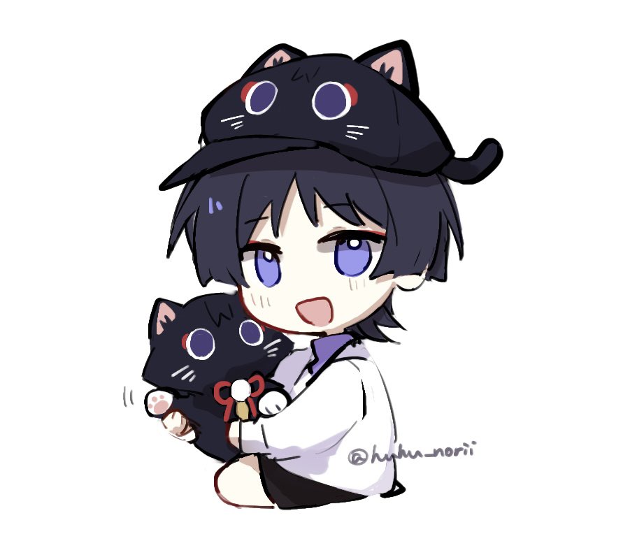 1boy, alternate_costume, animal_hat, animalization, black_cat, black_hair, black_hat, black_shorts