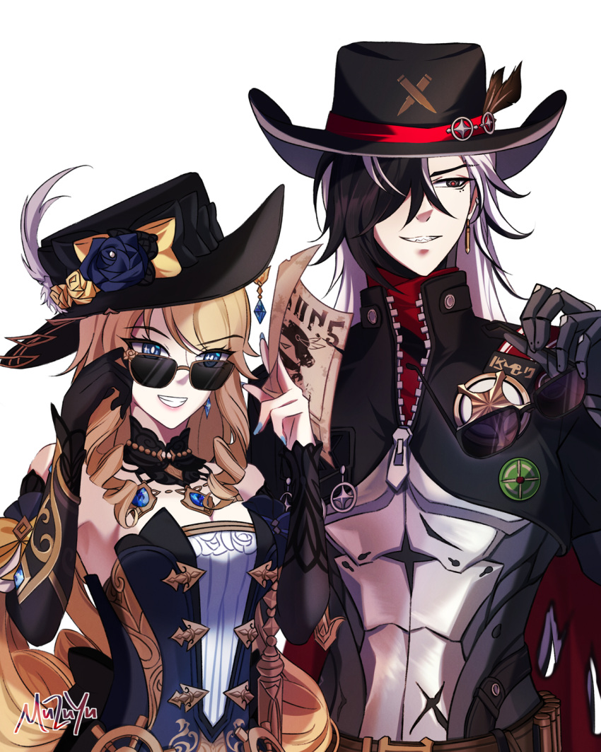 1boy, 1girl, artist_name, black_hair, black_hat, blonde_hair, blue_eyes, blue_gemstone