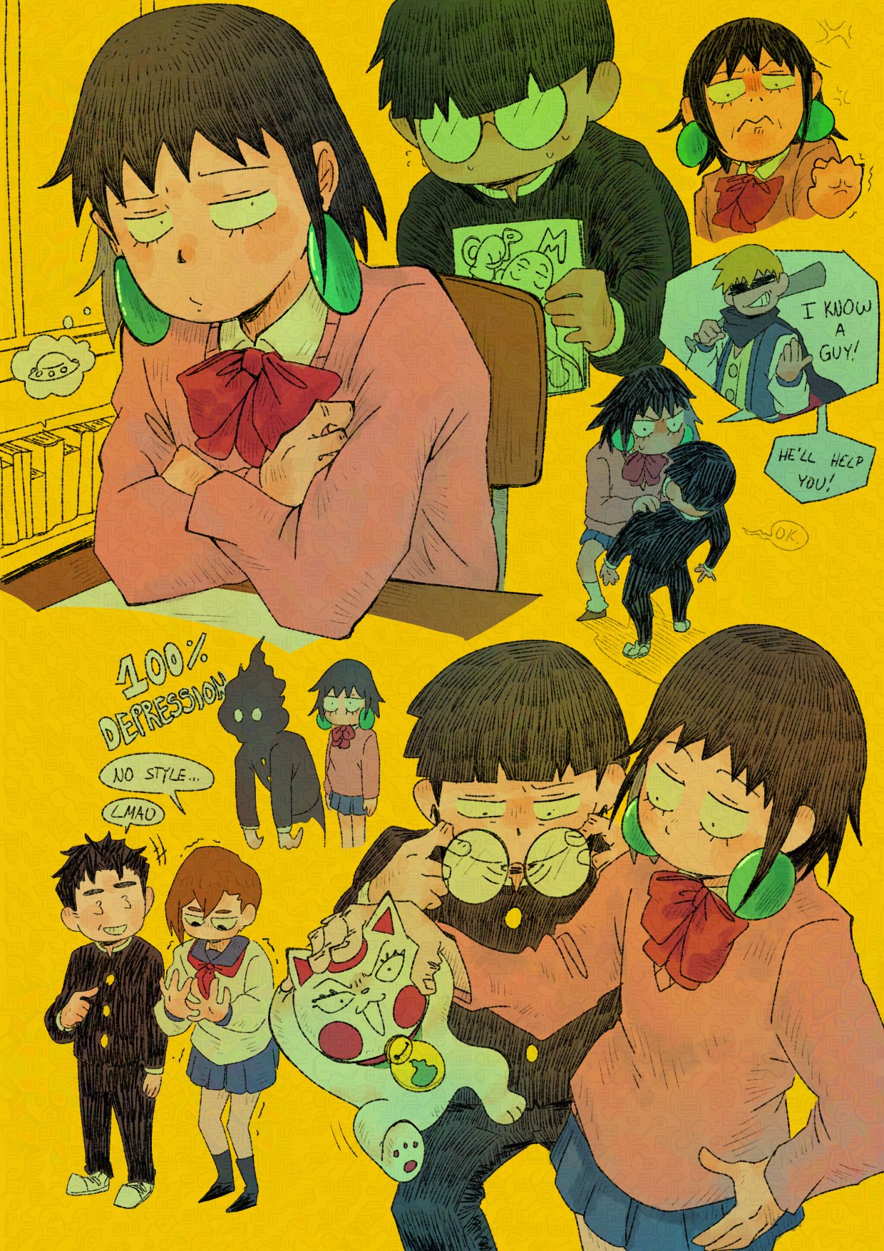 2girls, 3boys, ayase_momo, bowl_cut, cat, crossover, cutystuffy, dandadan