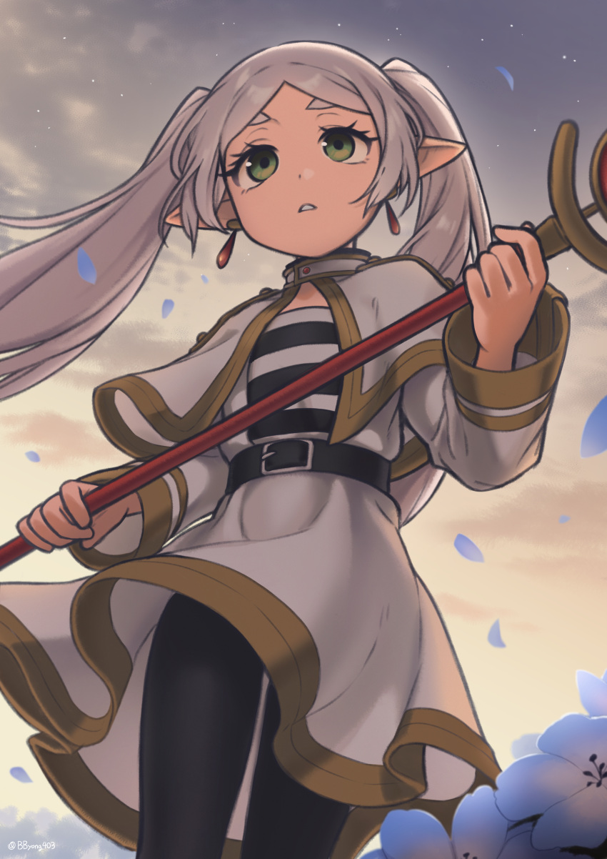 absurdres, bbyong403, belt, black_belt, black_pantyhose, black_shirt, capelet, clouds, collar_jewel, collared_capelet, commentary_request, cowboy_shot, d:, elf, falling_petals, floating_hair, flower, forget-me-not_(flower), frieren, from_below, gem, gold_trim, green_eyes, highres, holding, holding_staff, jacket, long_hair, long_pointy_ears, long_sleeves, looking_afar, mage_staff, open_clothes, open_jacket, outdoors, pantyhose, parted_bangs, petals, pointy_ears, red_gemstone, shirt, skirt, skirt_set, sousou_no_frieren, staff, star_(sky), striped_clothes, striped_shirt, sunset, tareme, teardrop_earrings, thick_eyebrows, twintails, twitter_username, two-tone_shirt, white_capelet, white_hair, white_jacket, white_shirt, white_skirt, wind, wind_lift