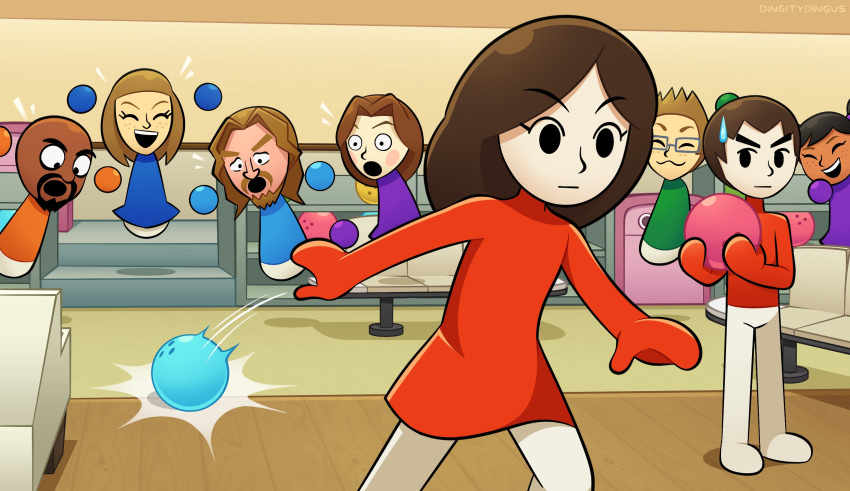 ball, blonde_hair, bowling, bowling_alley, bowling_ball, brown_hair, cheering, disembodied_hand
