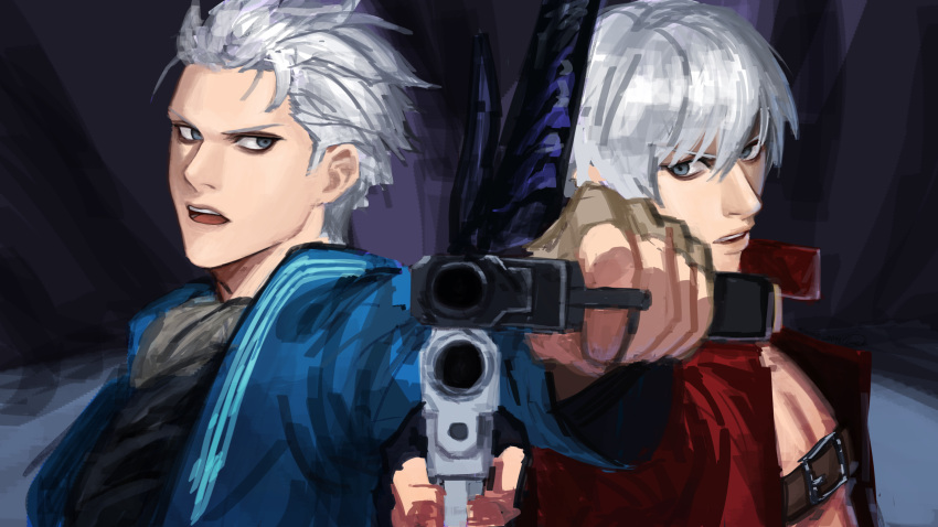 2boys, absurdres, aiming, black_gloves, black_vest, blue_coat, brothers, brown_gloves, coat, dante_(devil_may_cry), devil_may_cry_(series), devil_may_cry_3, ebony_&amp;_ivory, fingerless_gloves, gloves, grey_eyes, gun, hair_slicked_back, handgun, highres, jacket, male_chest, multiple_boys, red_jacket, siblings, sword, sword_on_back, twins, vergil_(devil_may_cry), vest, weapon, weapon_on_back, white_hair