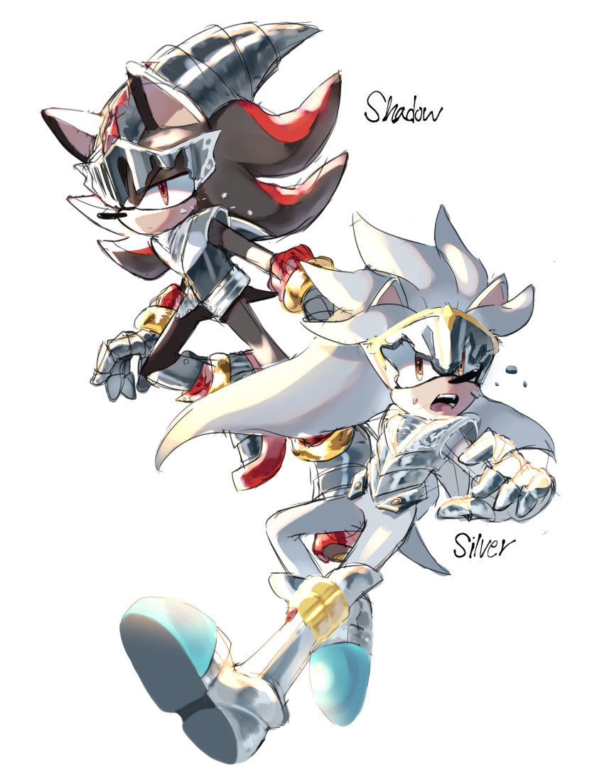2boys, animal_ears, animal_nose, armor, black_fur, closed_mouth, cookiecream_00, father_and_son
