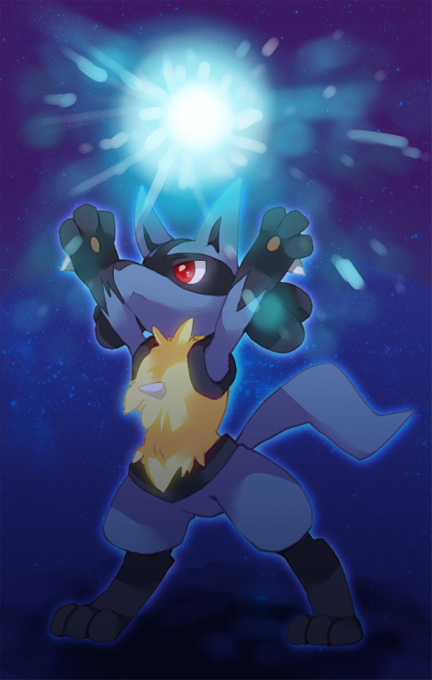 1other, aura_sphere_(pokemon), black_fur, black_hair, blue_fur, body_fur, closed_mouth, commentary