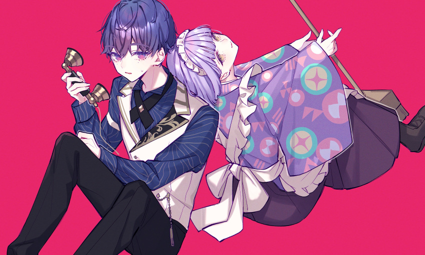 1boy, 1girl, absurdres, ametomea, apron, black_pants, blue_shirt, broom, brown_eyes, brown_footwear, character_request, collared_shirt, commentary_request, copyright_request, cross_tie, feet_out_of_frame, highres, holding, holding_broom, holding_phone, knees_up, leaning_back, long_sleeves, looking_at_viewer, maid_apron, maid_headdress, pants, parted_lips, phone, purple_hair, red_background, shirt, simple_background, sitting, smile, sweatdrop, tasokare_hotel, tsukahara_neko, vest, violet_eyes, white_apron, white_vest, wide_sleeves