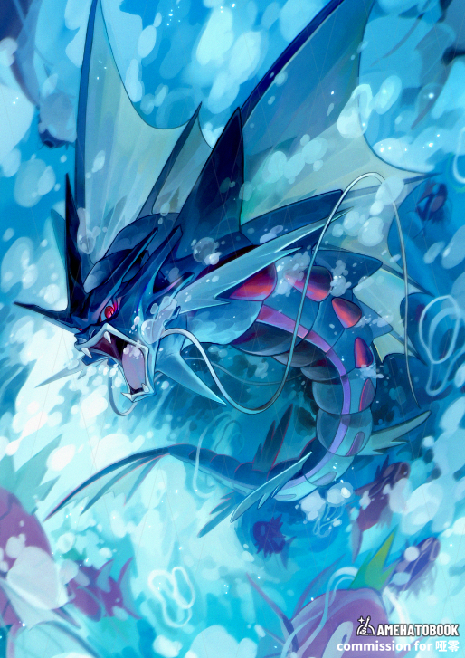 air_bubble, amehatobook, artist_name, bubble, commentary, commission, eye_trail, fangs, gyarados, light_trail, magikarp, mega_gyarados, no_humans, open_mouth, pokemon, pokemon_(creature), red_eyes, tongue, underwater, watermark