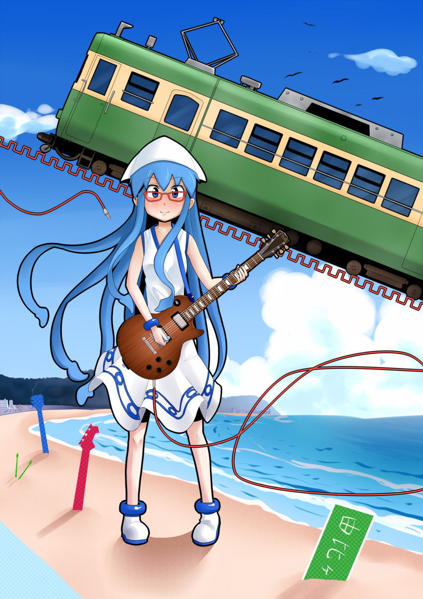bad_id, beach, bespectacled, blue_eyes, blue_hair, blush, dress, electric_guitar