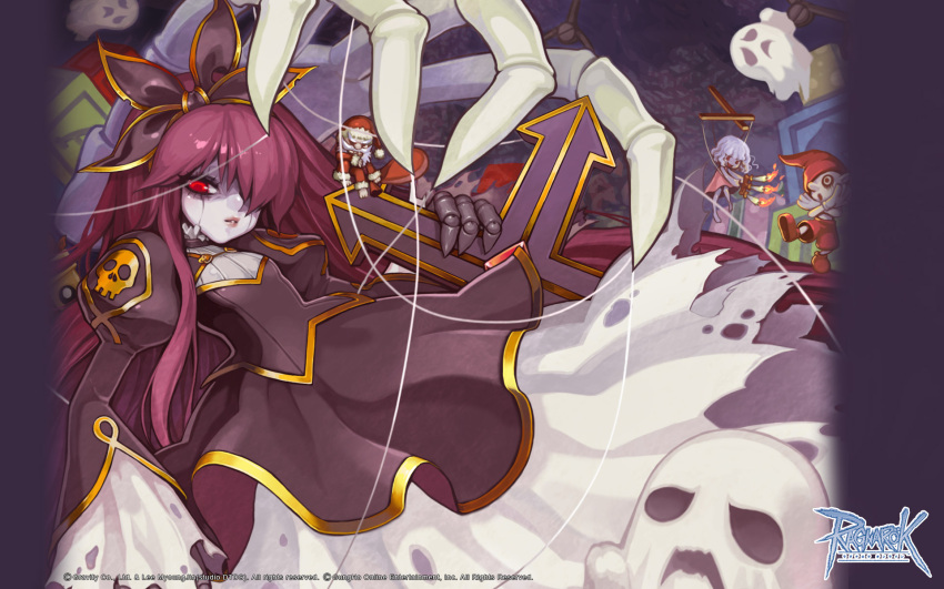 2boys, 2girls, antonio_(ragnarok_online), bibibic, black_bow, black_dress, bow, breasts, candle, candlestand, celine_kimi, colored_skin, cookie_(ragnarok_online), copyright_notice, cowboy_shot, cracked_skin, cross, dress, ghost, gold_trim, grey_skin, hair_bow, hair_over_one_eye, hat, highres, juliet_sleeves, layered_dress, lips, logo, long_bangs, long_hair, long_sleeves, looking_at_viewer, marionette, marionette_(ragnarok_online), multiple_boys, multiple_girls, official_art, official_wallpaper, pink_hair, puffy_sleeves, puppet, ragnarok_online, red_eyes, red_hat, sack, santa_costume, santa_hat, sheet_ghost, skull_print, small_breasts, solo_focus, torn_clothes, torn_dress, whisper_(ragnarok_online), white_dress