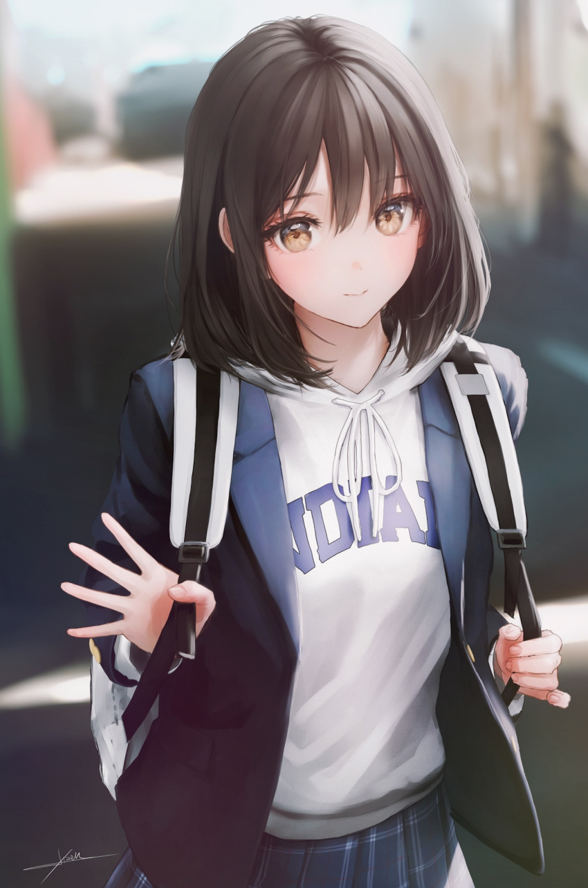 1girl, backpack, bag, black_jacket, blue_skirt, blurry, blurry_background, brown_eyes