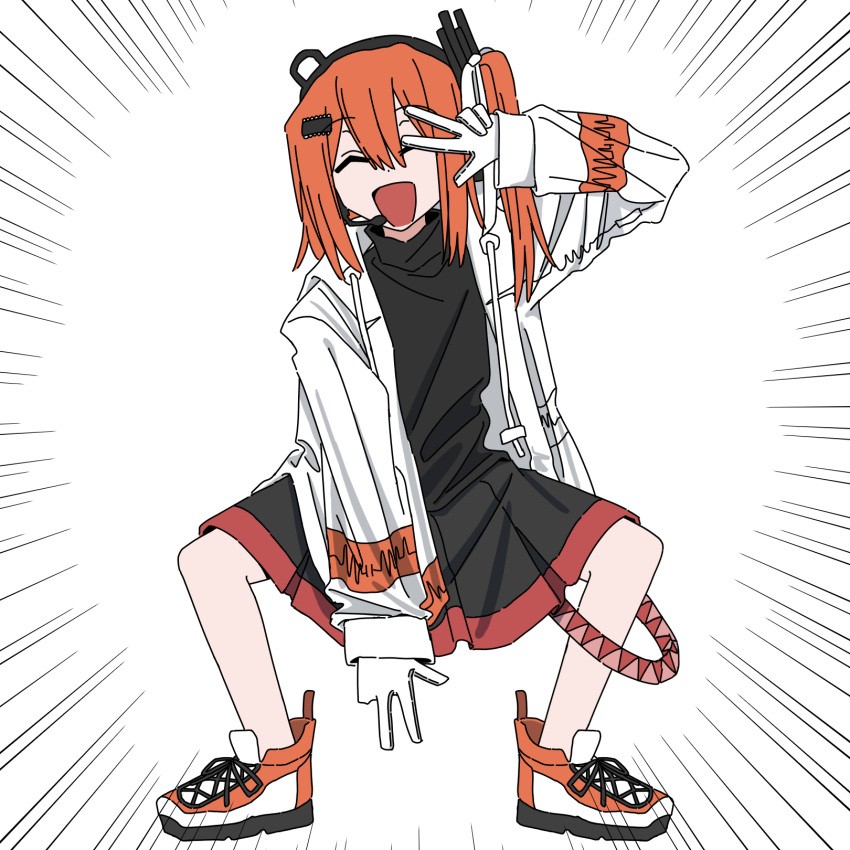 1girl, a.i._voice, adachi_rei, belt, black_shirt, black_skirt, closed_eyes, cosplay, double-parted_bangs, flat_chest, full_body, gloves, gojou_satoru, hair_between_eyes, hand_up, headlamp, highres, jacket, kasane_teto, kasane_teto_(cosplay), long_sleeves, medium_skirt, open_clothes, open_jacket, open_mouth, orange_hair, pleated_skirt, ponytail, radio_antenna, red_belt, shirt, shoes, short_hair, side_ponytail, simple_background, skirt, sneakers, solo, standing, utau, v, v_over_eye, white_background, white_footwear, white_gloves, yoyo_(nashjpp)