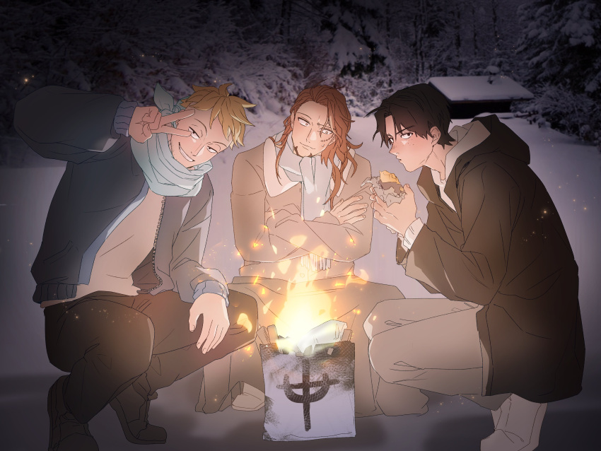 3boys, absurdres, black_hair, blonde_hair, blue_scarf, brown_hair, facial_hair, fire, food, freckles, goatee, highres, holding, holding_food, hood, hooded_coat, looking_at_viewer, male_focus, marco_(one_piece), multiple_boys, murokan_77, one_piece, portgas_d._ace, scar, scar_on_face, scarf, smile, squatting, stitched_face, stitches, thatch, v