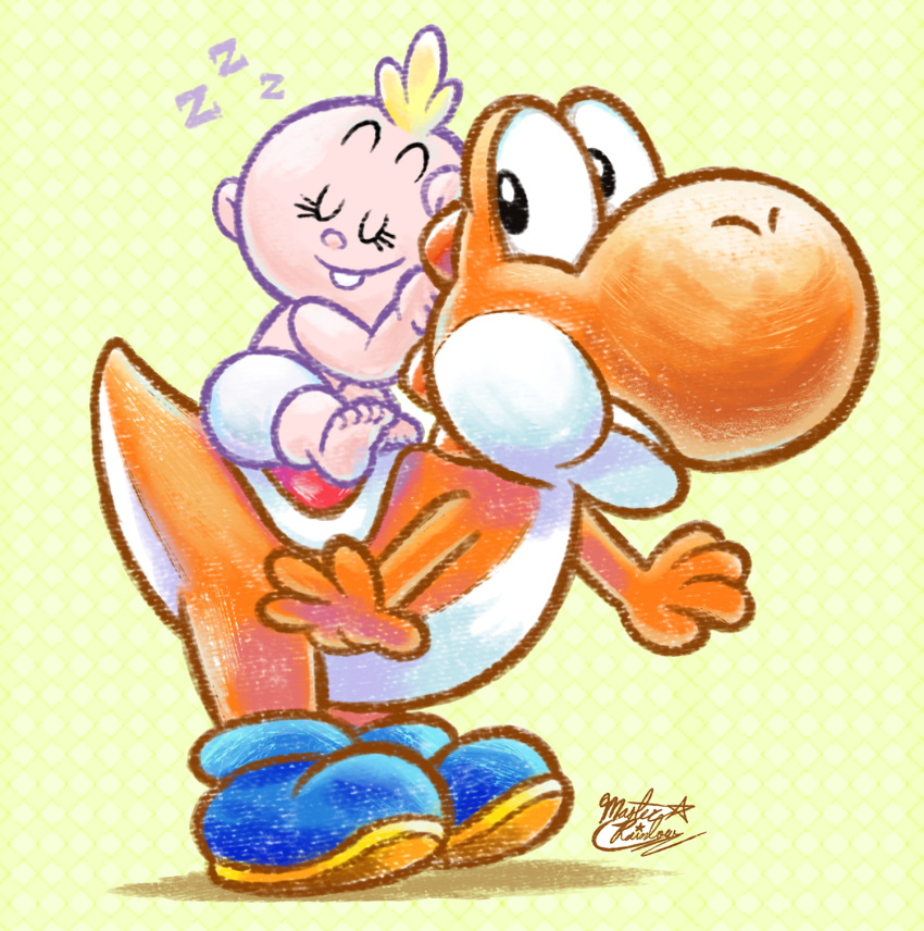 baby, blue_footwear, closed_mouth, commentary, commission, crossover, english_commentary, eyelashes, highres, lily_loud, mario_(series), mast3r-rainb0w, orange_yoshi, sleeping, super_mario_bros., teeth, the_loud_house, yoshi, yoshi's_new_island, zzz