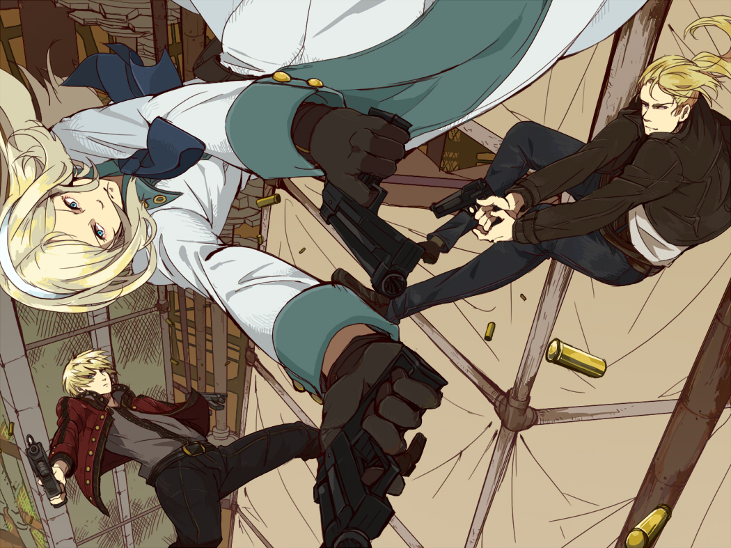 1girl, 2014, 2boys, aiming, black_pants, blonde_hair, blue_necktie, blue_pants