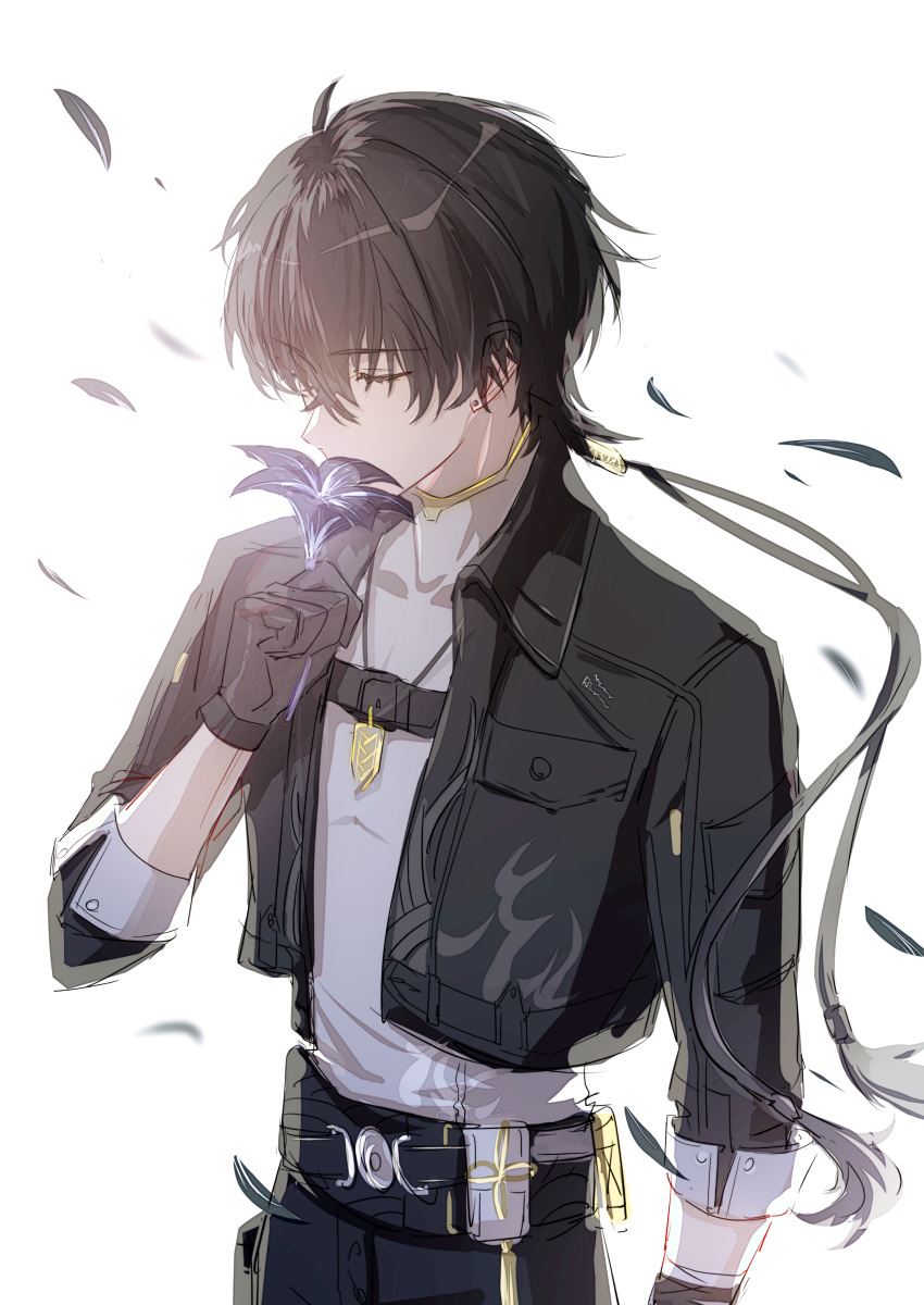 1boy, absurdres, black_flower, black_gloves, black_hair, black_jacket, black_petals, blake_bloom_(wuthering_waves), breast_pocket, chinese_commentary, closed_eyes, collared_jacket, commentary, covered_collarbone, cropped_jacket, falling_petals, flame_print, flower, gloves, glowing_flower, gold_necklace, grey_undershirt, highres, holding, holding_flower, jacket, jewelry, long_hair, low_ponytail, male_focus, male_rover_(wuthering_waves), necklace, open_clothes, open_jacket, petals, pocket, print_jacket, reverie0304, rover_(wuthering_waves), simple_background, sleeves_past_elbows, sleeves_rolled_up, smelling_flower, solo, upper_body, white_background, wuthering_waves