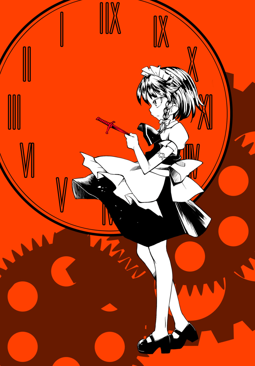 ahiruaoba, apron, clock, highres, izayoi_sakuya, knife, maid, maid_headdress
