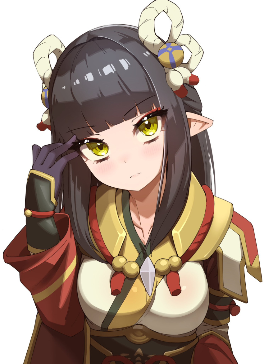 1girl, black_gloves, black_hair, blunt_bangs, blush, breasts, closed_mouth, collarbone