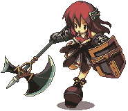 axe, boots, dress, gauntlets, harushippuu, long_hair, lowres, open_mouth