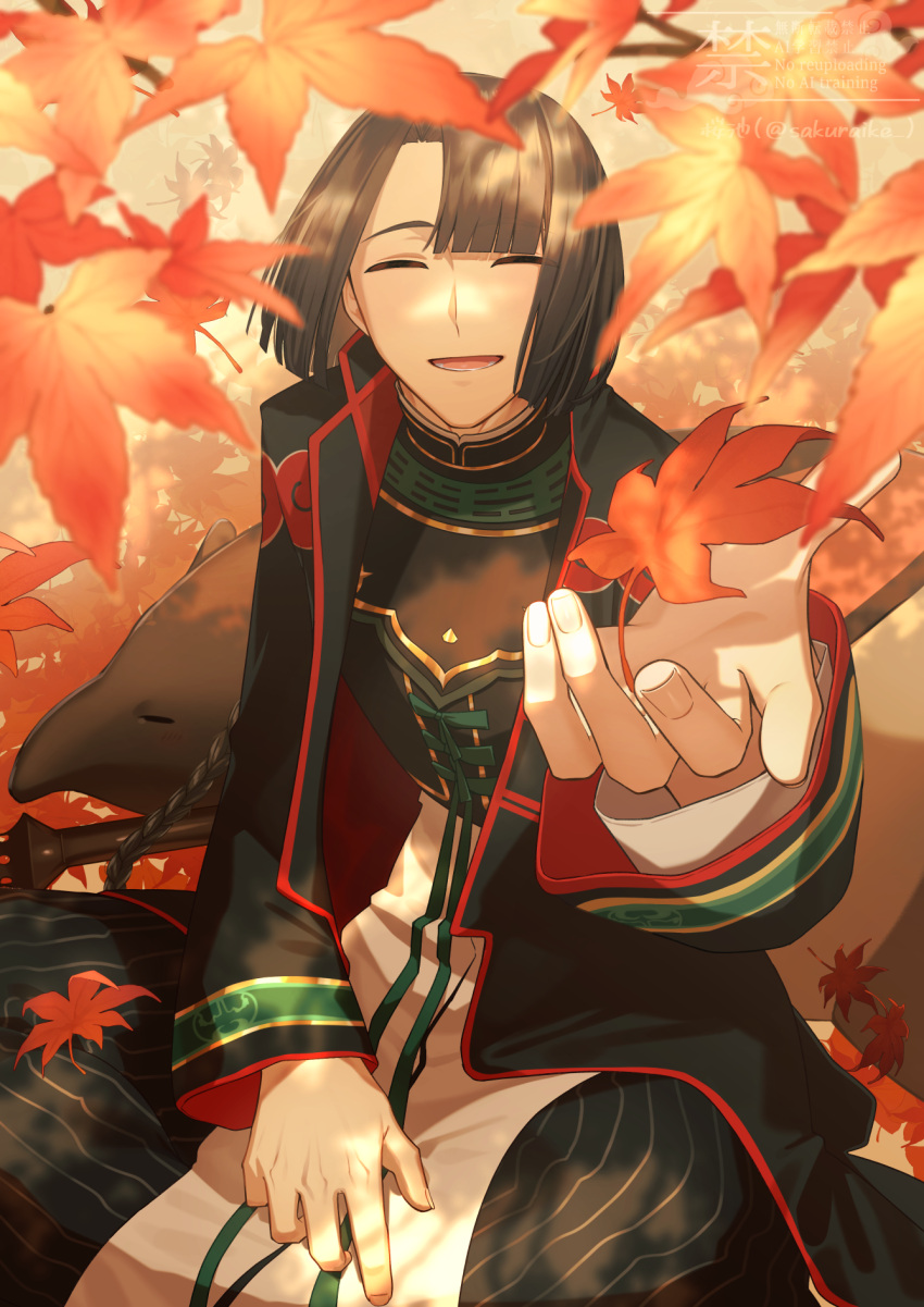 1boy, autumn, autumn_leaves, black_coat, black_hair, braid, changpao, chinese_clothes