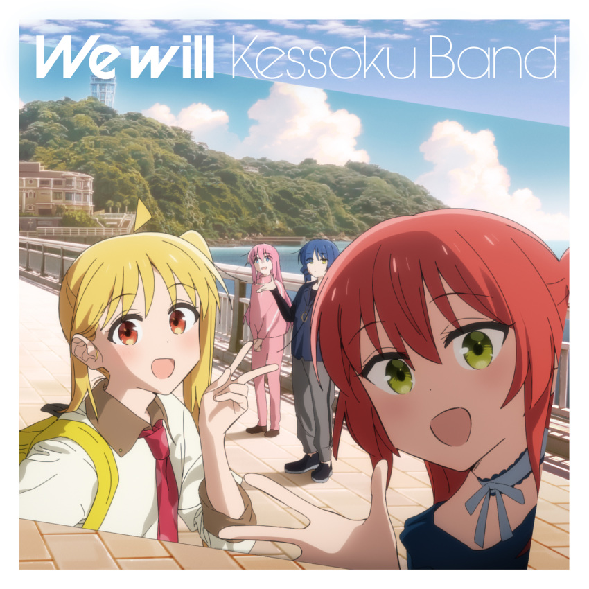 4girls, :d, ahoge, album_cover, anime_coloring, backlighting, backpack, backpack_on_one_shoulder, bag, black_footwear, black_shirt, black_sleeves, blonde_hair, blue_eyes, blue_hair, blue_shirt, boardwalk, bocchi_the_rock!, border, bow, bow_choker, brown_collar, brown_footwear, brown_sleeve_cuffs, choker, cirrus_clouds, closed_mouth, clouds, cloudy_sky, collar, collared_shirt, cover, day, detached_ahoge, dot_mouth, dot_nose, english_text, frilled_choker, frills, full_body, gotoh_hitori, green_eyes, grey_pants, hair_behind_ear, half_updo, high_ponytail, highres, ijichi_nijika, jacket, kita_ikuyo, layered_sleeves, light_blush, loafers, lone_nape_hair, long_hair, long_sleeves, looking_at_viewer, medium_hair, messy_hair, multiple_girls, necktie, no_socks, official_alternate_costume, official_alternate_hairstyle, official_art, open_mouth, orange_eyes, outdoors, own_hands_together, pants, pink_hair, pink_pants, pink_theme, pink_track_suit, red_necktie, redhead, ribbon_choker, romaji_text, selfie, shirt, shoes, short_over_long_sleeves, short_sleeves, side_ponytail, sky, smile, track_jacket, track_pants, uneven_bangs, upper_body, v, w, waving, white_border, white_choker, white_shirt, yamada_ryo, yellow_bag, yellow_eyes