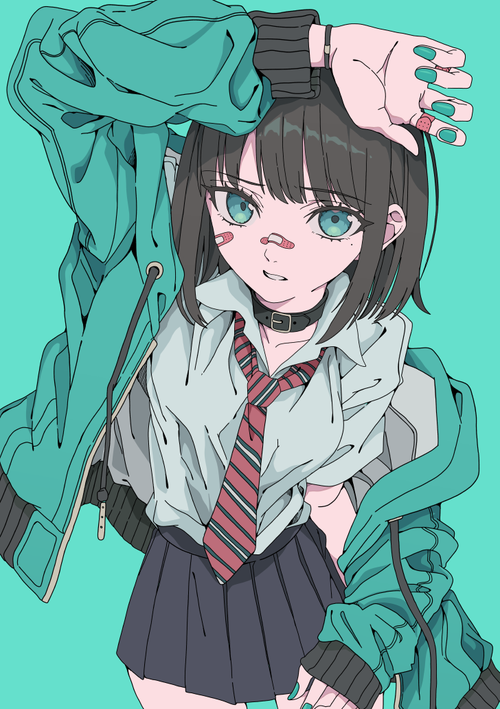 1girl, aqua_background, bandaid, bandaid_on_face, bandaid_on_hand, belt_collar, black_hair, black_hairband