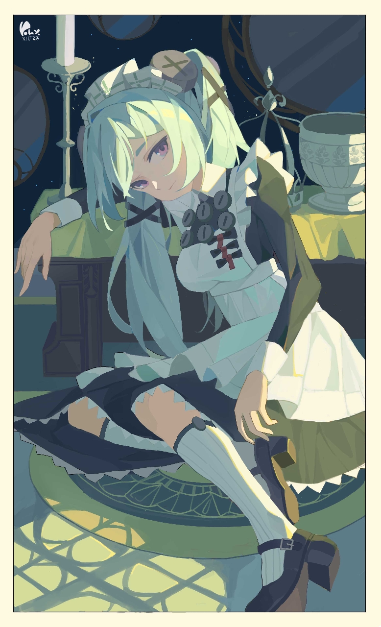1girl, adapted_costume, apron, black_dress, candlestand, chalice, commentary_request, corin_wickes