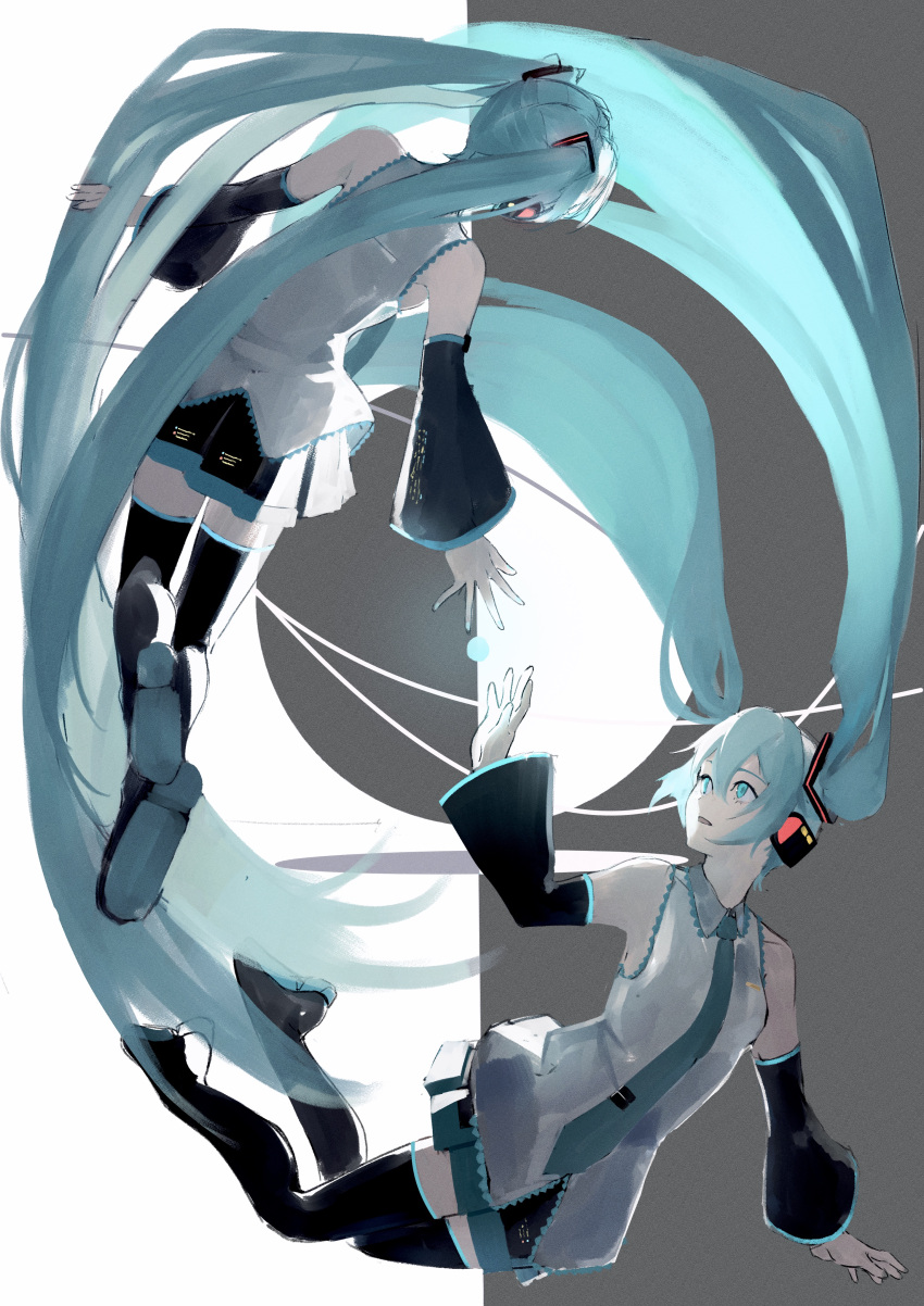 2girls, absurdres, aqua_eyes, aqua_hair, clone, detached_sleeves, floating, floating_hair