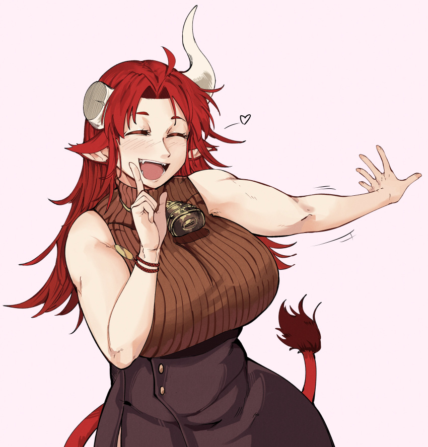 1girl, absurdres, ahoge, animal_ears, antares_topaz, asymmetrical_horns, bare_shoulders, bell, blush, breasts, buttons, closed_eyes, cow_ears, cow_horns, cow_tail, cowbell, cowboy_shot, eyebrows, eyelashes, fangs, fingernails, ganymede_(antares_topaz), happy, heart, high_collar, highres, horns, hoshino_ruby_dance, huge_breasts, long_hair, looking_at_viewer, messy_hair, motion_lines, muscular, muscular_female, nose_blush, open_mouth, pink_background, redhead, single_horn, smile, spoken_heart, star_linker, sweater, tail, tall, tongue
