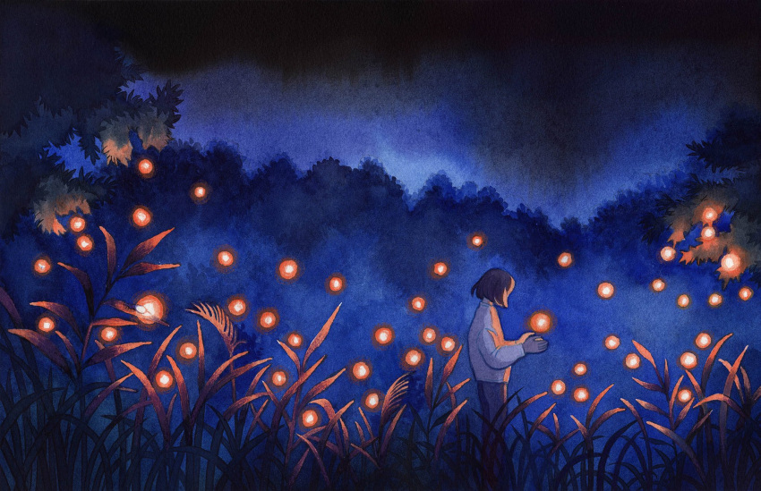 1girl, bioluminescence, blue_sky, blue_theme, brown_hair, bug, color_contrast, commentary
