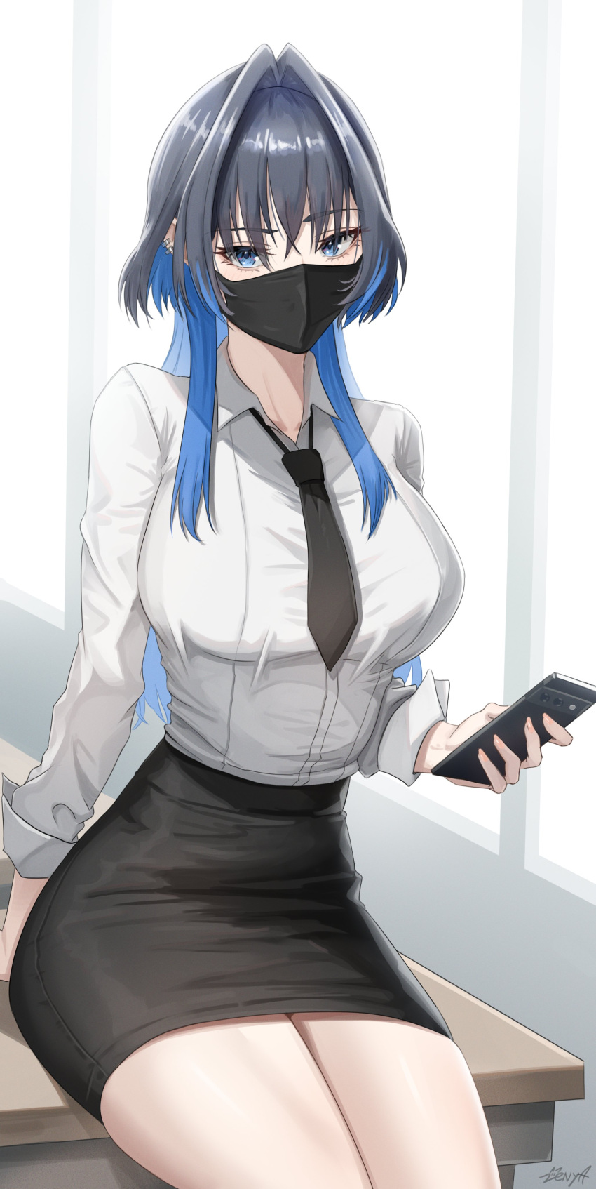 1girl, absurdres, black_mask, black_necktie, black_skirt, blue_eyes, blue_hair, breasts