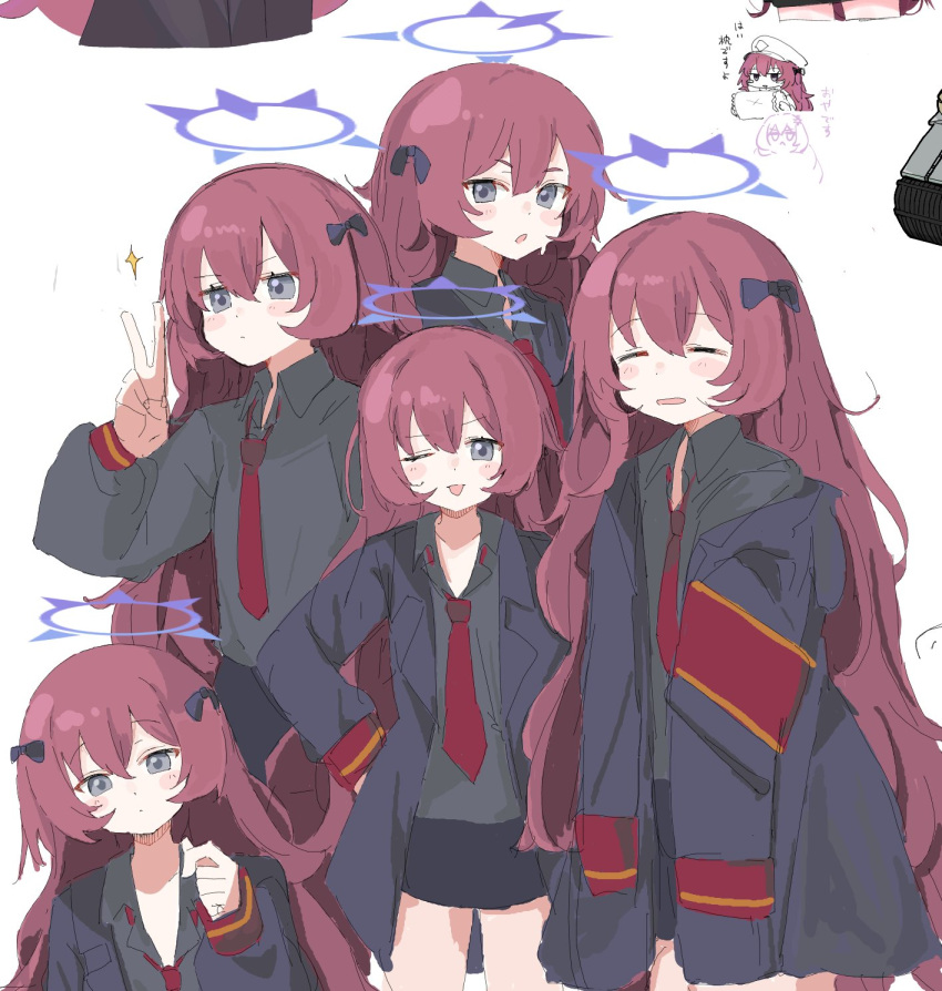 1girl, alternate_costume, black_ribbon, blue_archive, blue_halo, chibi, fluffy_hair, grey_eyes, halo, hat, highres, iroha_(blue_archive), jacket, long_hair, looking_at_viewer, military_hat, military_jacket, military_uniform, military_vehicle, motor_vehicle, necktie, open_mouth, red_necktie, redhead, ribbon, smile, tank, tongue, tongue_out, v, youbi_(0ver_sd)