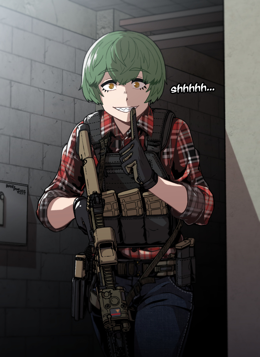 1girl, absurdres, ammunition_pouch, assault_rifle, bangdog, belt, black_gloves, bulletproof_vest