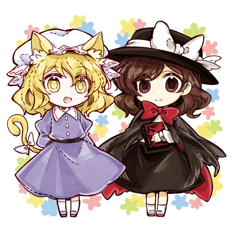 2girls, animal_ears, arms_behind_back, black_capelet, black_skirt, blonde_hair, book, bow
