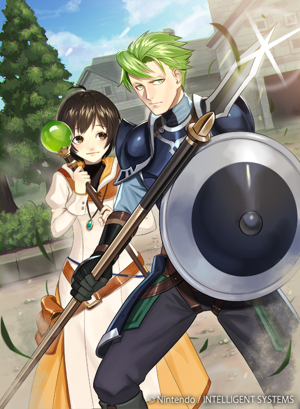1boy, 1girl, ahoge, aran_(fire_emblem), armor, black_hair, brown_eyes, commentary_request