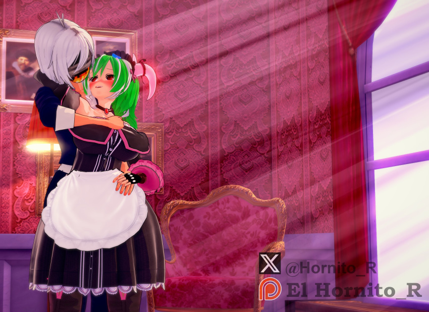 1boy, 1girl, bedroom, blush, boots, dragon, dragon_girl, dragon_horns, el_hornito_r, elegant, elegant_dress, female, gloves, gothic, gothic_dress, green_hair, horns, hug, huge_breasts, hugging, koikatsu, maid, maid_apron, maid_headdress, male, mask, original_character, pants, red_eyes, smile, vanalia, white_hair, white_skin