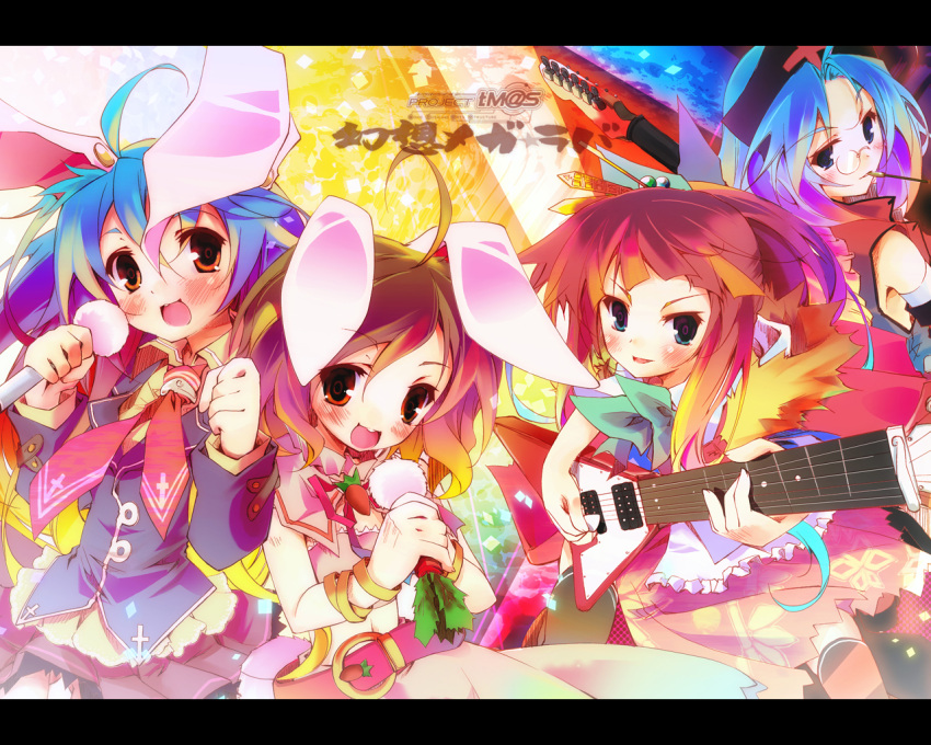 4girls, bunny_ears, guitar, houraisan_kaguya, inaba_tewi, instrument, kamiya_yuu, mega_lover