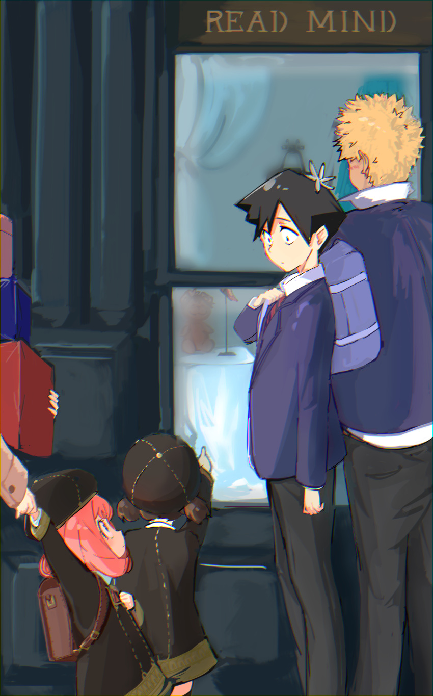 2boys, 3girls, absurdres, anya_(spy_x_family), backpack, bag, becky_blackbell, beret