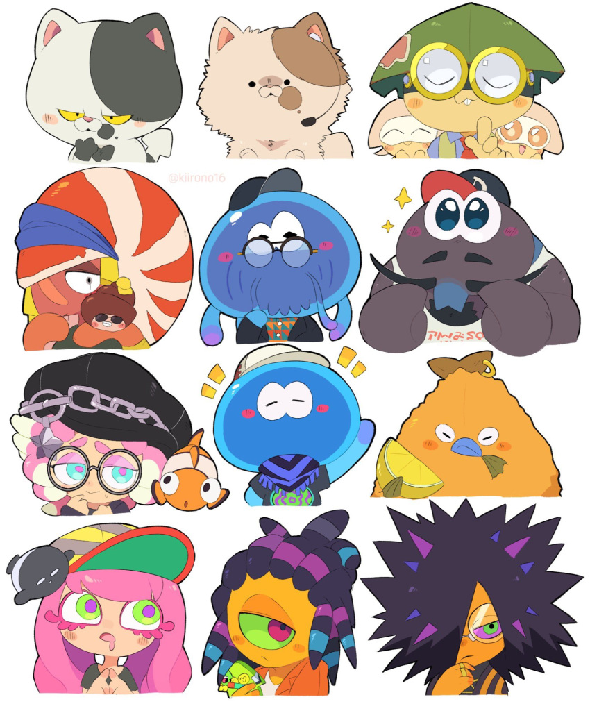 animal, annie_(splatoon), baseball_cap, blush_stickers, food, fred_crumbs, fruit, glasses