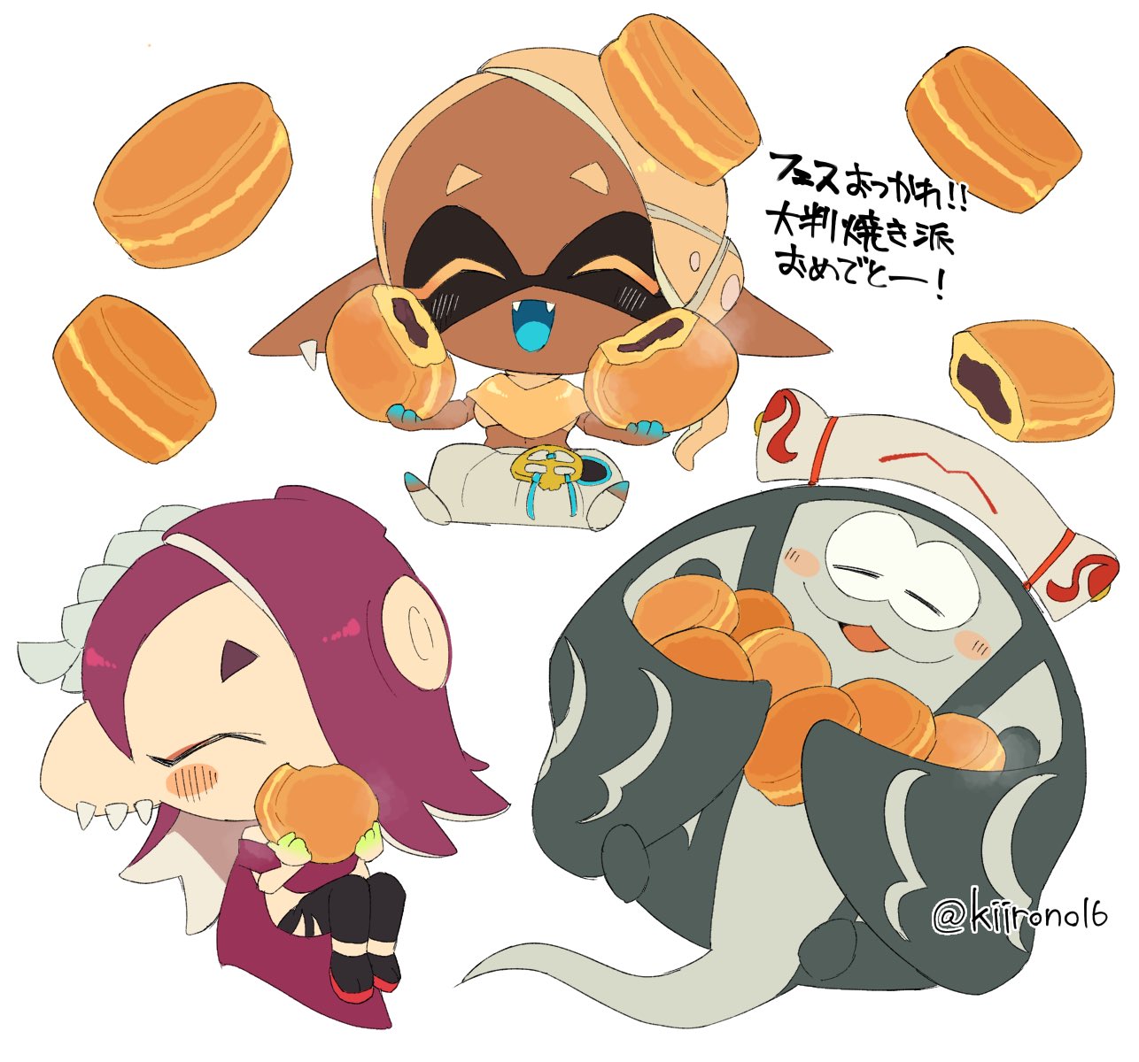 1boy, 2girls, alternate_color, big_man_(splatoon), blush_stickers, chibi, closed_eyes, dark-skinned_female