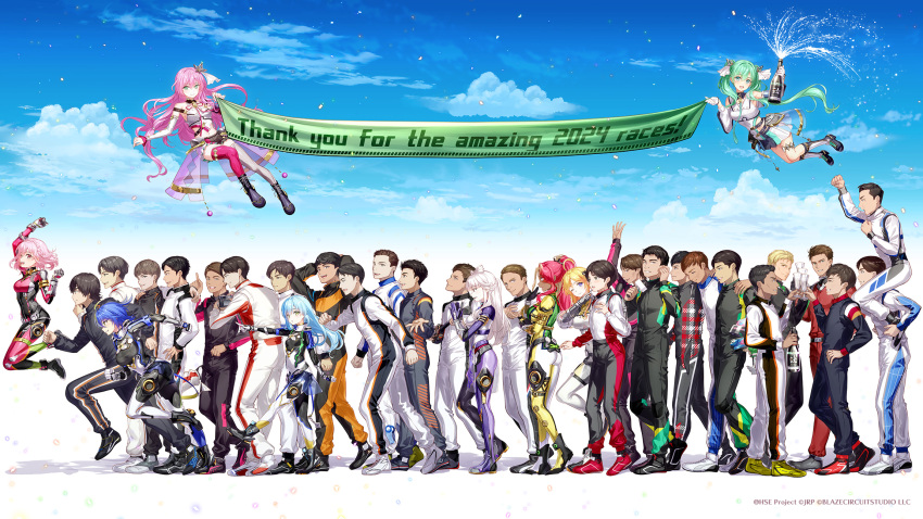 6+boys, 6+girls, alice_summerwood, asakawa_kanata, banner, black_footwear, black_hair, blonde_hair