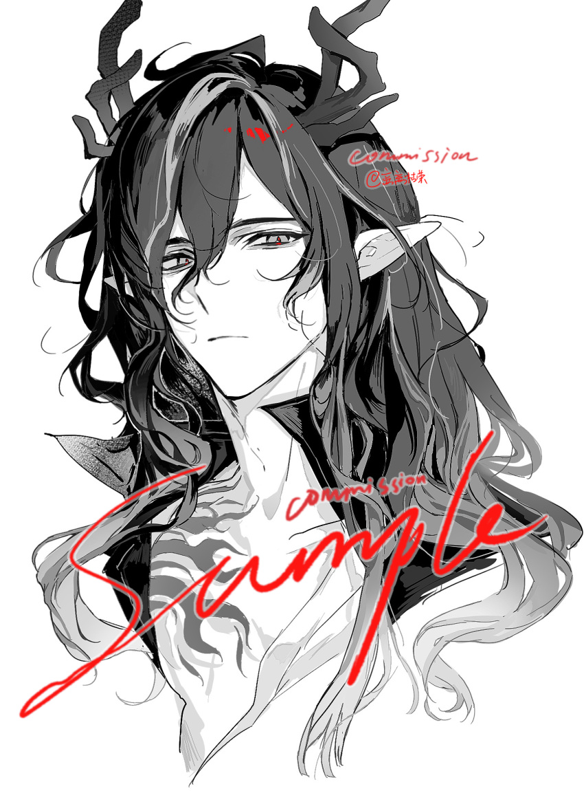 1boy, arknights, chest_tattoo, closed_mouth, collarbone, commission, cropped_shoulders, dddddd_(ni989393), dragon_boy, dragon_horns, expressionless, greyscale, hair_between_eyes, highres, horns, long_bangs, long_hair, looking_at_viewer, male_focus, monochrome, multicolored_hair, pointy_ears, portrait, red_pupils, sample_watermark, sideways_glance, simple_background, solo, spot_color, streaked_hair, tattoo, wang_(arknights), watermark, wavy_hair, white_background