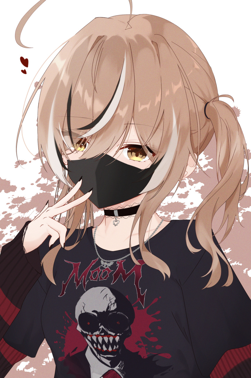1girl, absurdres, ahoge, black_choker, black_hair, black_mask, black_nails, black_shirt