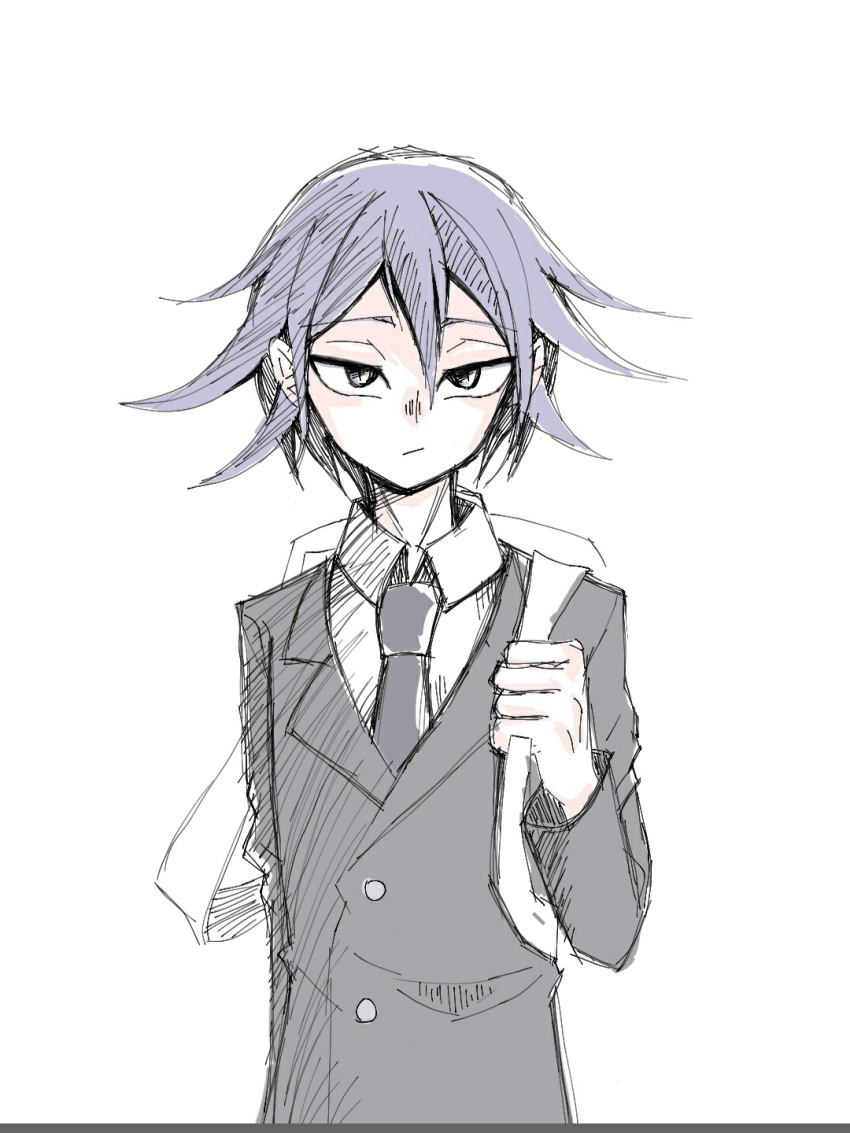 1boy, alternate_costume, backpack, bag, black_eyes, black_jacket, black_necktie, blazer, bsyt41, buttons, chinese_commentary, closed_mouth, collared_jacket, collared_shirt, commentary_request, danganronpa_(series), danganronpa_v3:_killing_harmony, expressionless, frown, hair_between_eyes, highres, jacket, lapels, long_sleeves, looking_at_viewer, male_focus, necktie, notched_lapels, oma_kokichi, purple_hair, school_uniform, shirt, short_hair, simple_background, sketch, solo, spoilers, upper_body, white_background, white_bag, white_shirt